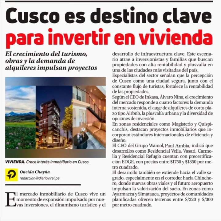 Noticia del diario viral sobre destino clave Cusco para invertir en vivienda